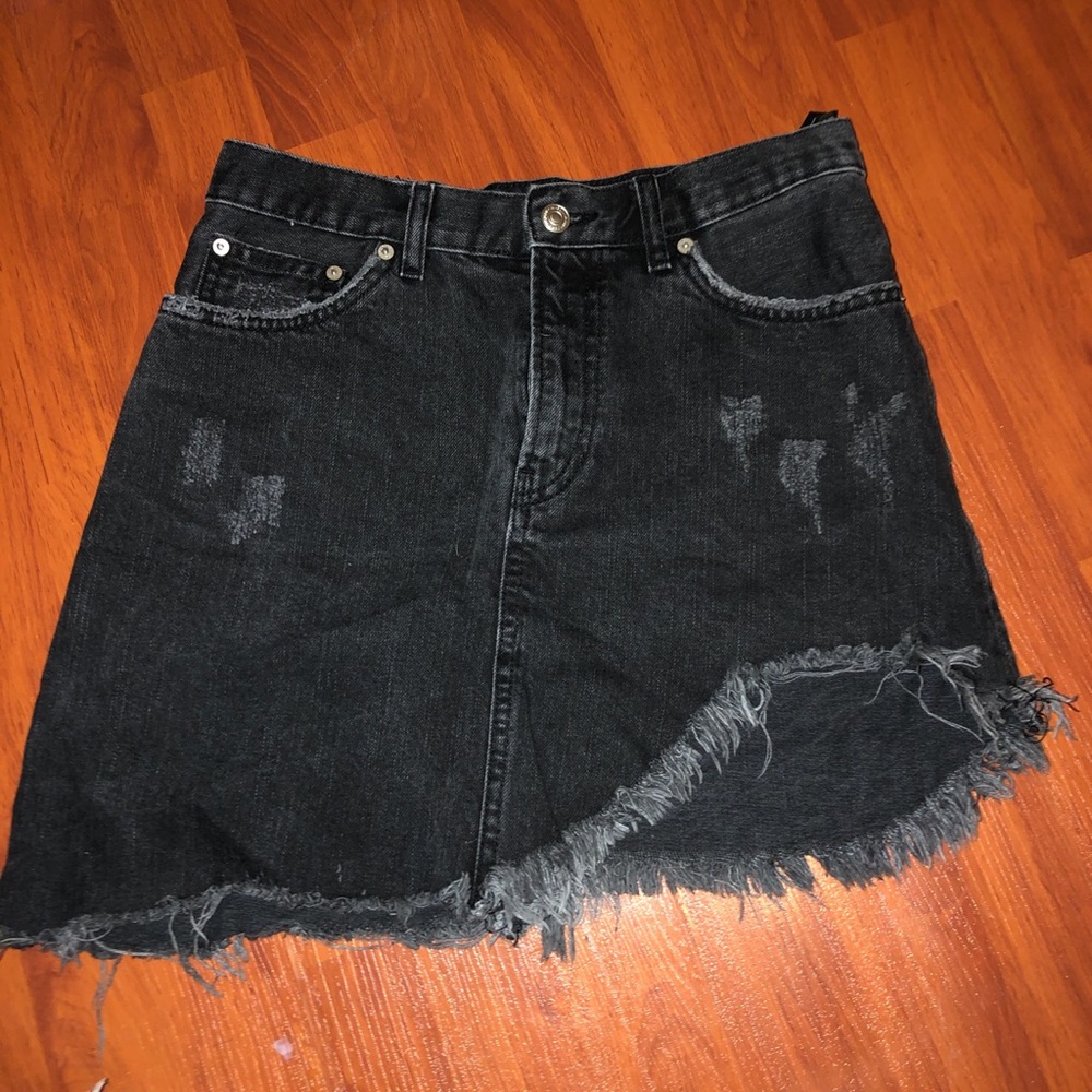 Asymmetrical Black Distressed Denim Mini Skirt